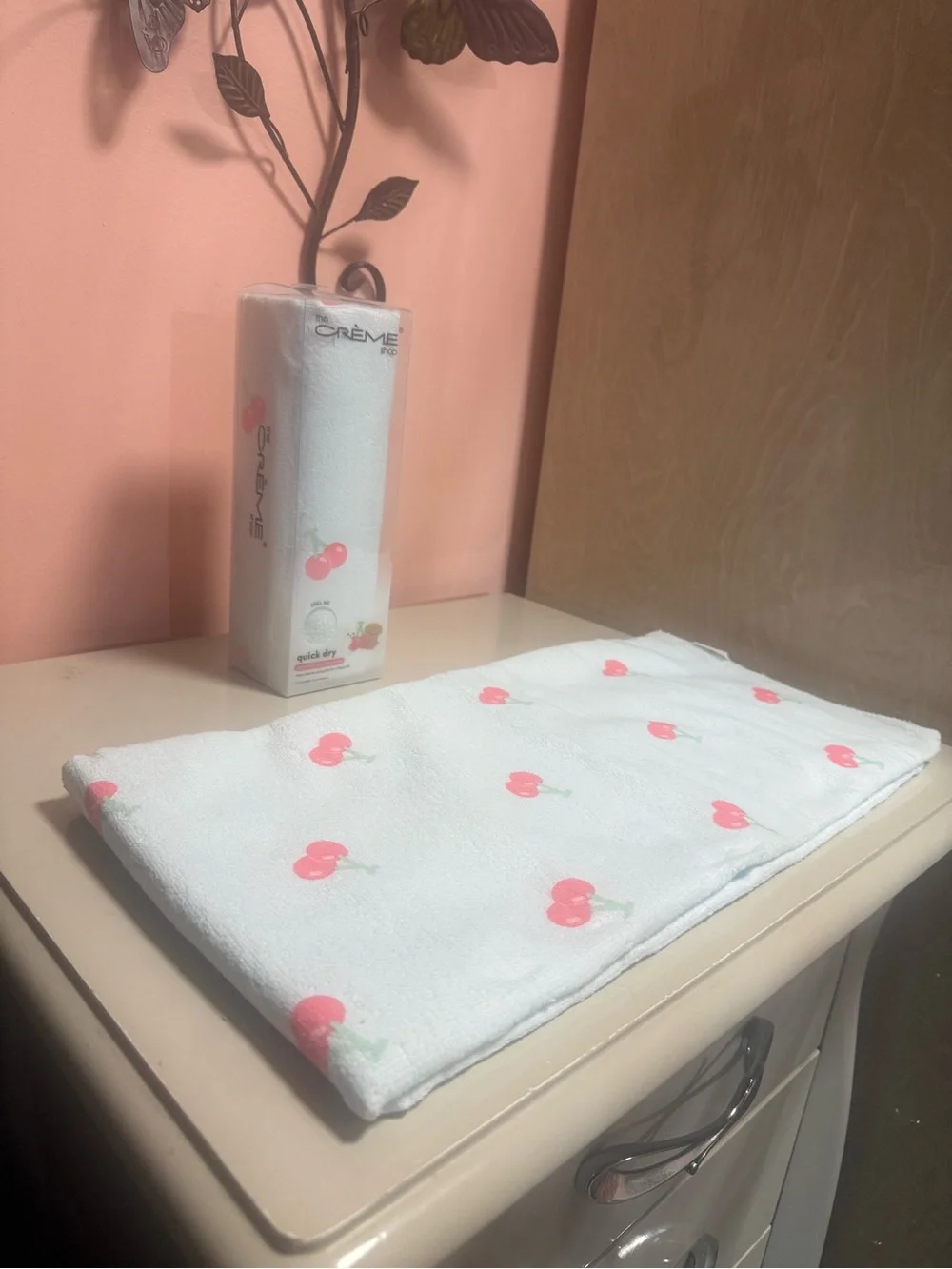 The Crème Shop Quick Dry Microfiber Hair Towel Wrap - White with Cherry Print